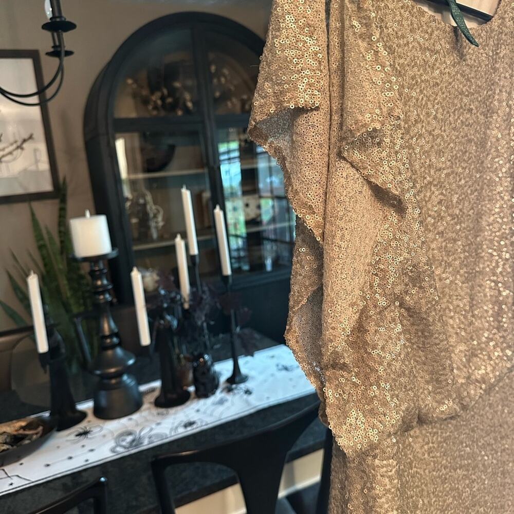 Ralph Lauren Vintage Midi Flutter Sleeve Champagne Beige Gold Sequin Dress 14 - Picture 4 of 8